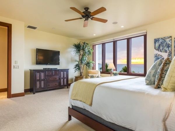 A luxurious bedroom with a large bed, beige carpet, and a ceiling fan; a dresser with a TV, tall plant, and big windows offering a sunset view.
