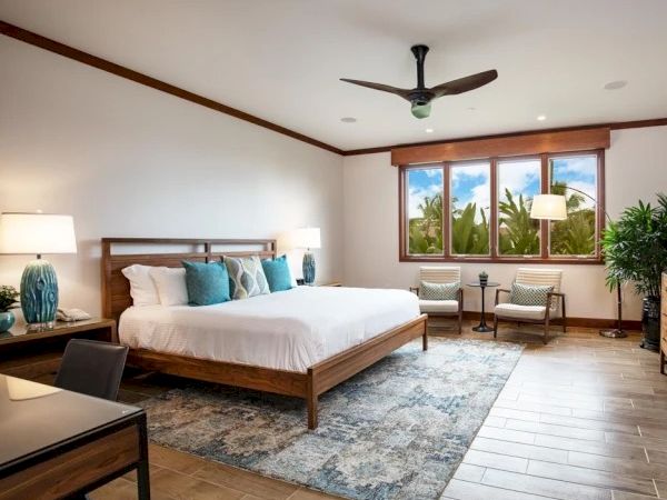A bright hotel room with a large bed, blue accent pillows, nightstands, a seating area by the window, a ceiling fan, and a blue rug, sunny view.