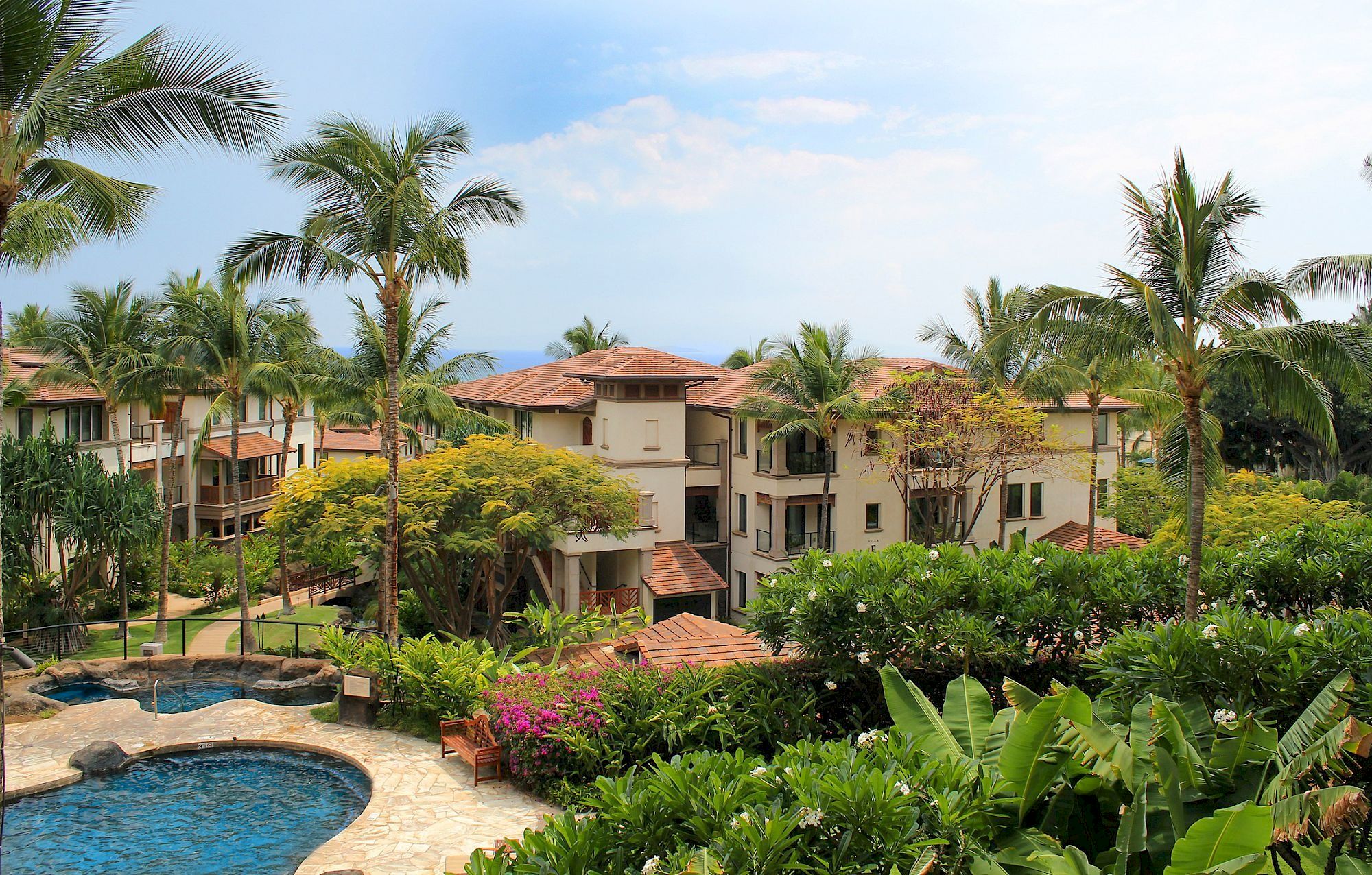 A resort with multiple beige buildings, palm trees, lush tropical plants, and a curved pool area in the foreground, under a partly cloudy sky.