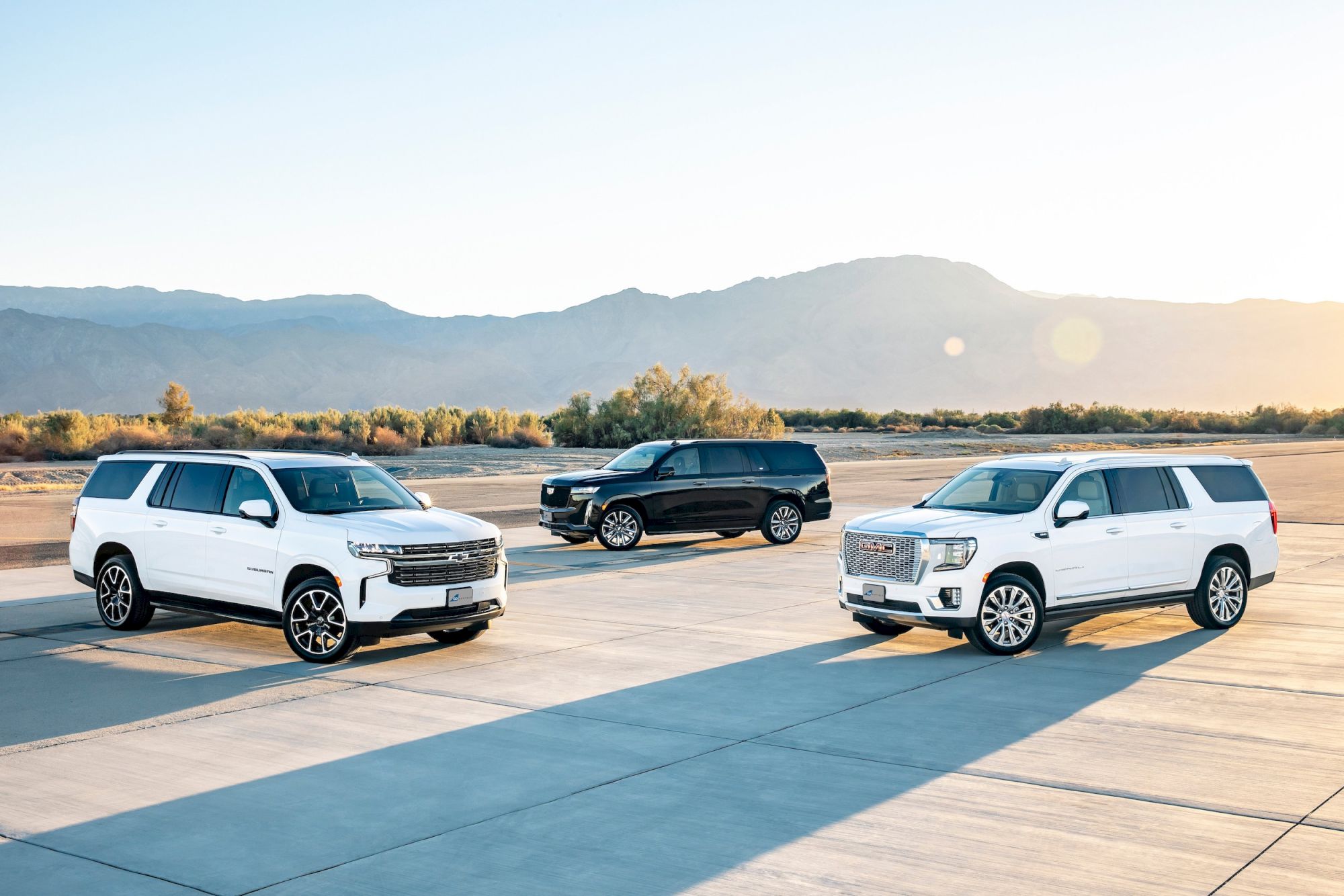 Three modern SUVs parked on a sunlit tarmac with mountains in the background, white and dark-colored models facing different directions.