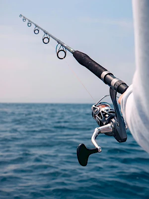 A fishing rod over the sea, casting into blue water with a reel and line, ready to catch a fish as the ocean stretches ahead.
