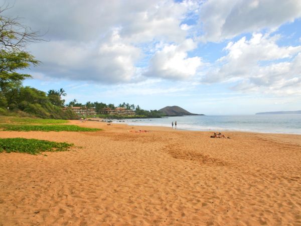 A tranquil beach with orange sand, a few people near the water, green vegetation on the left, calm waves, and a small hill in the distance under a partly cloudy sky.
