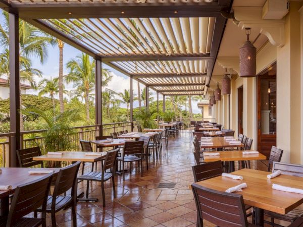 A sunlit, open-air restaurant terrace with wooden tables, chairs, and a striped awning, overlooking lush tropical greenery and palm trees.